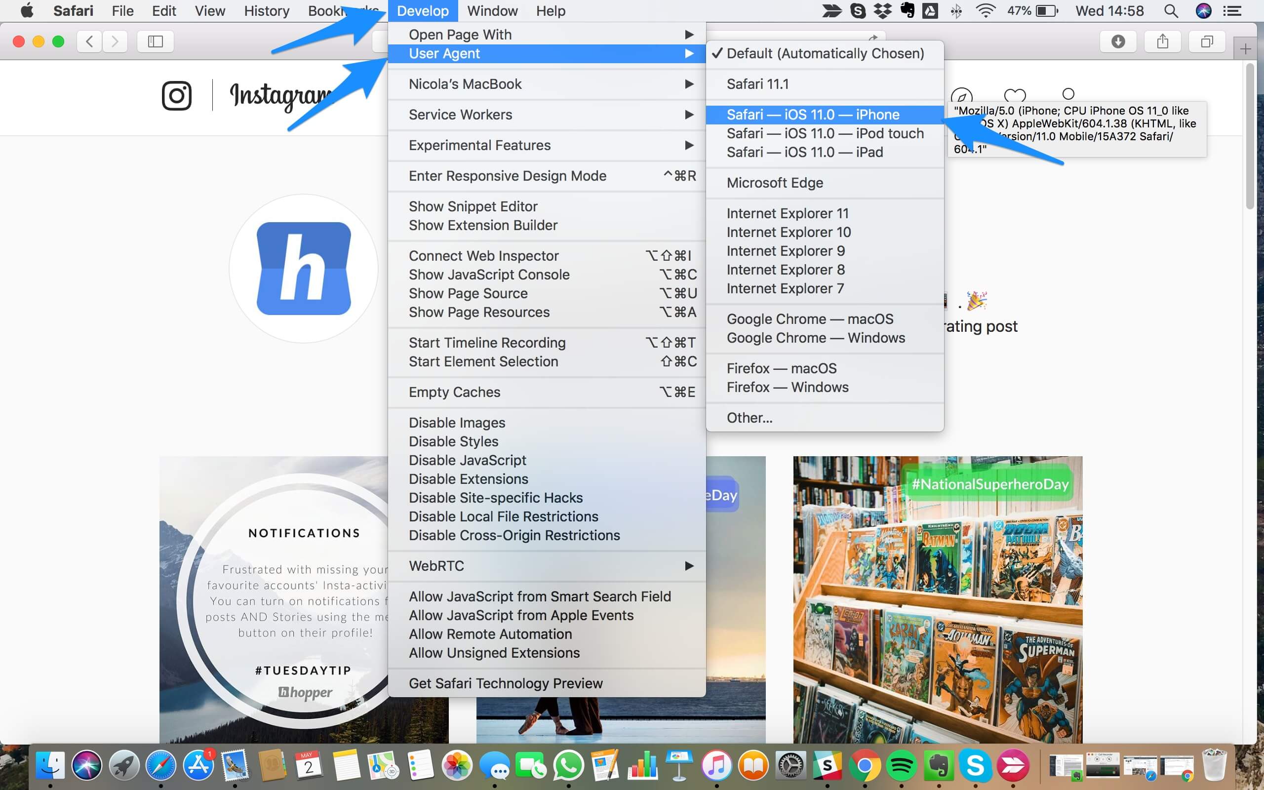 How to switch the user agent in Safari