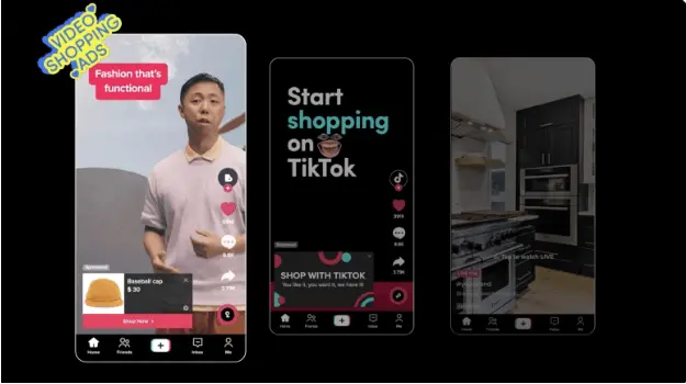 TikTok Shop hub showing shoppable videos, live events, and in-app storefronts
