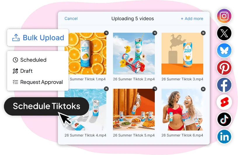 Hopper HQ bulk upload interface scheduling multiple TikTok videos at once