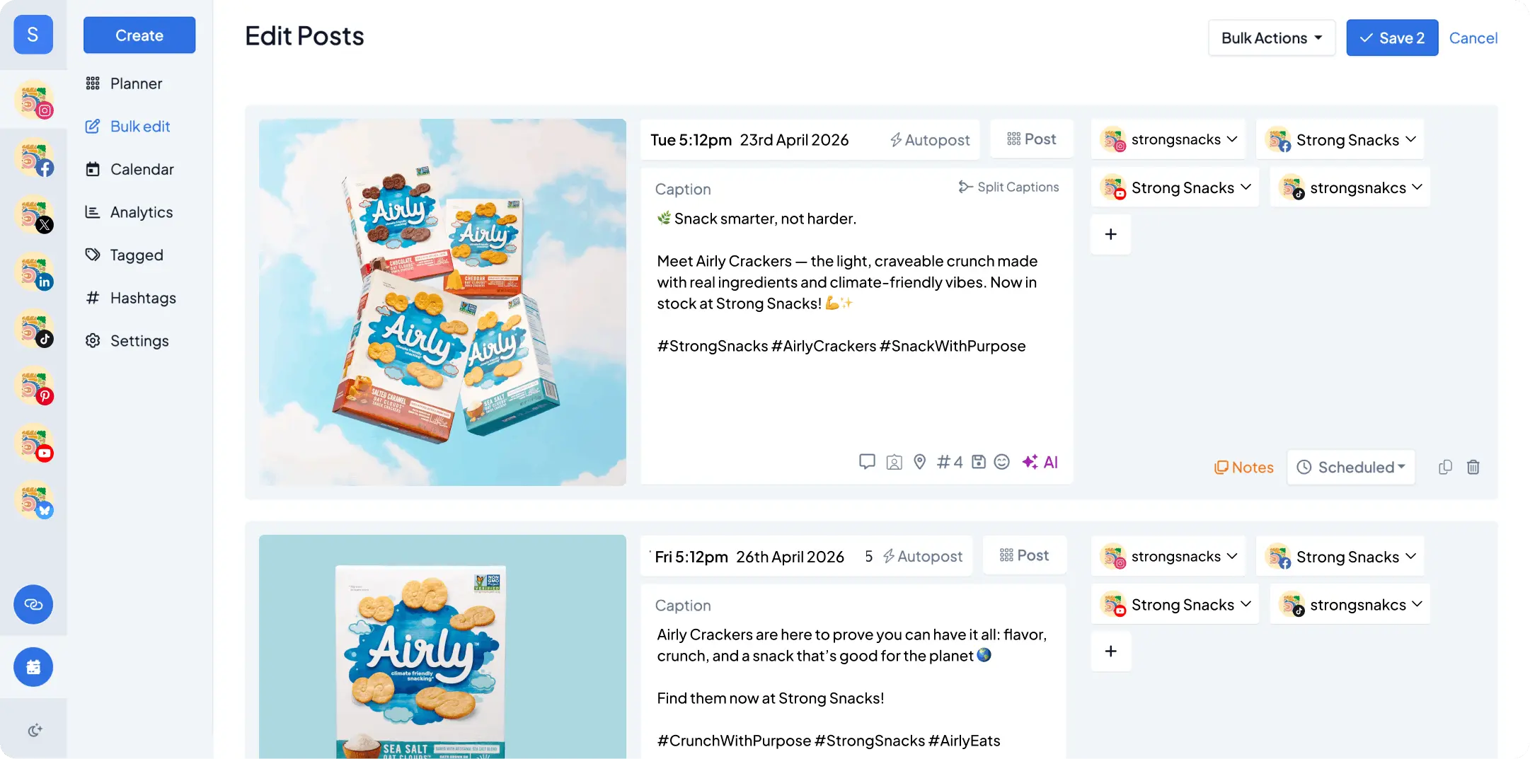 Hopper HQ bulk edit screen updating captions, hashtags and schedule times for several posts at once