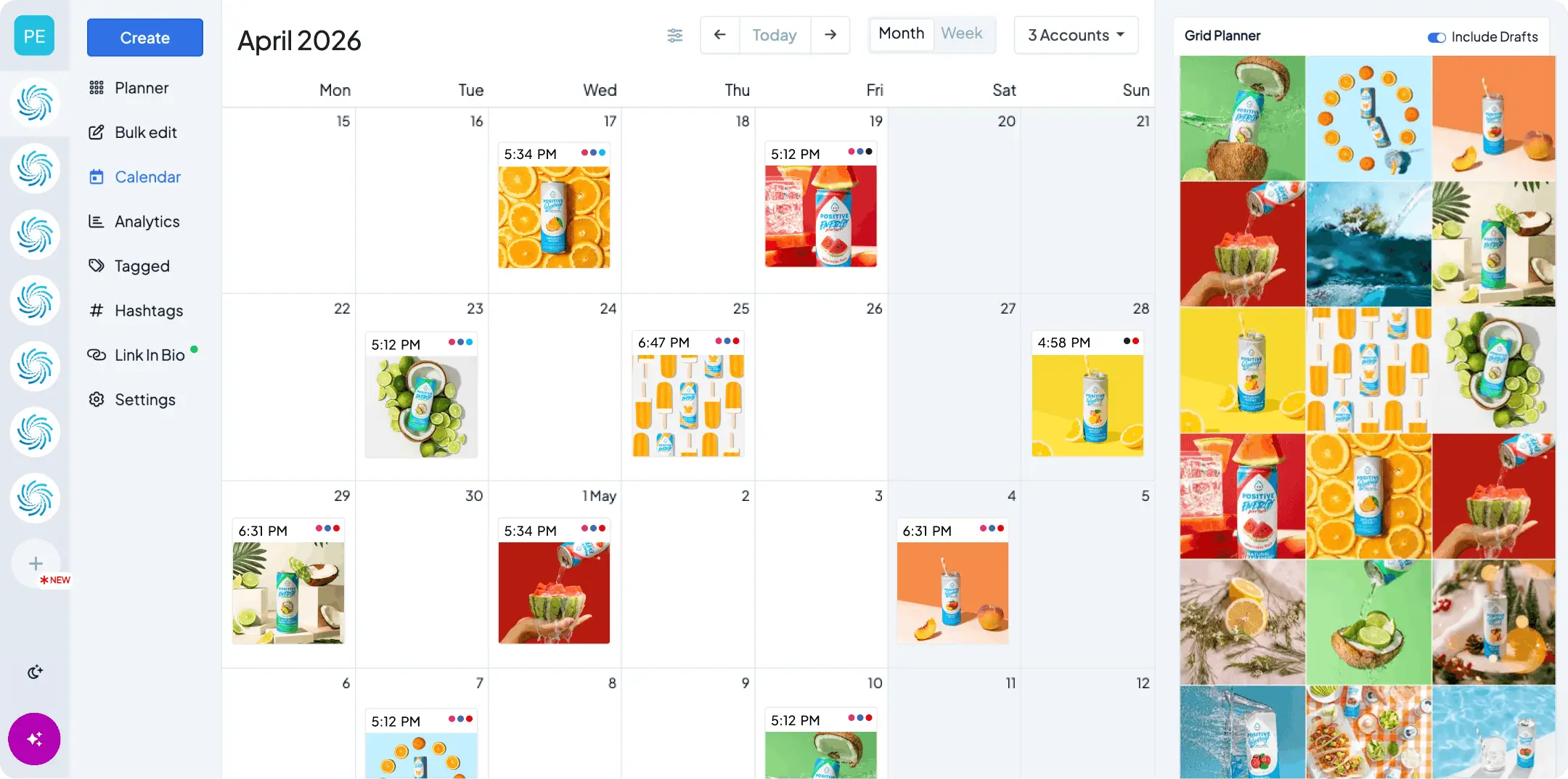 Hopper HQ month calendar view for April 2026 with posts scheduled across three accounts, alongside the grid planner preview