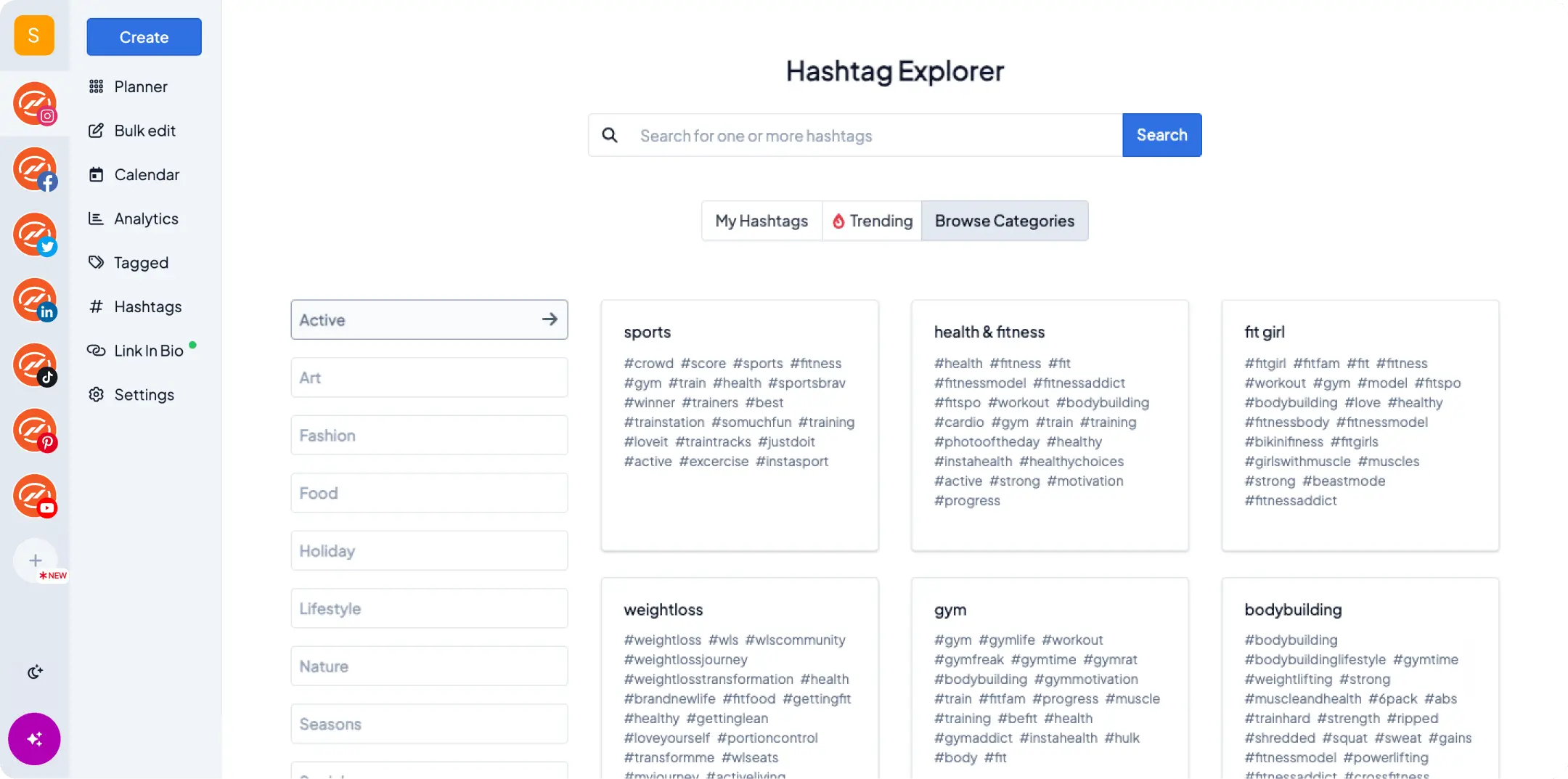 Hopper HQ hashtag explorer browsing hashtag sets by category, including sports, health and fitness, weightloss and bodybuilding