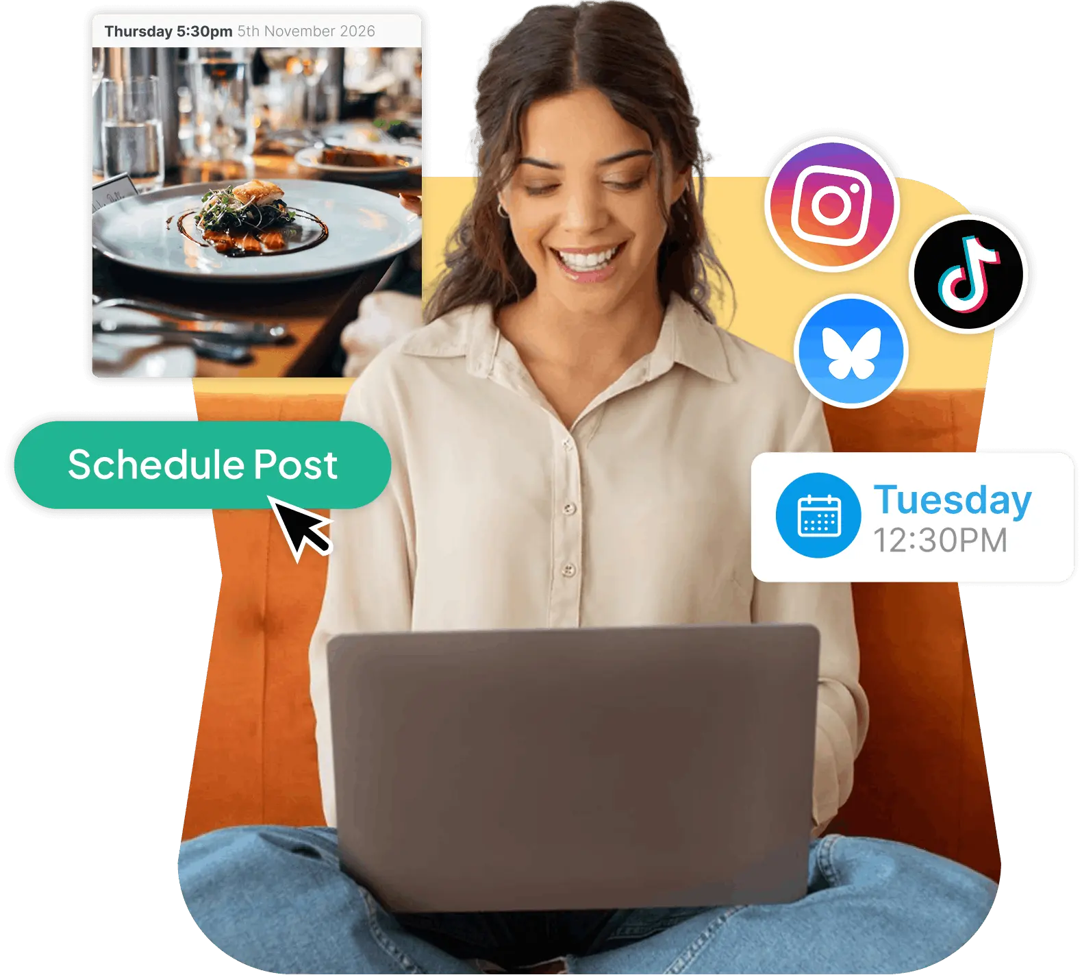 Small business owner scheduling a restaurant post from her laptop, with Instagram, TikTok and Bluesky icons and a post queued to auto-publish on Tuesday at 12:30AM
