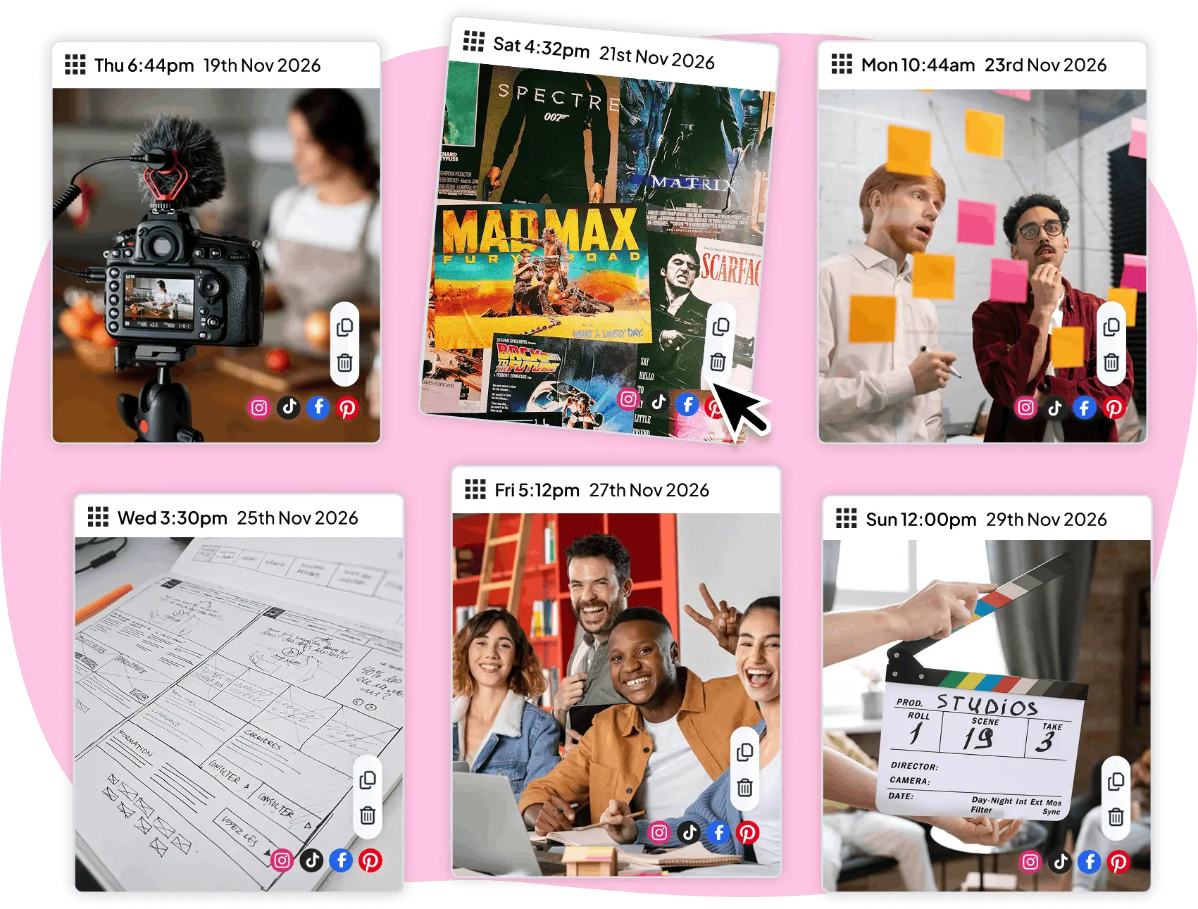 Six posts queued in Hopper HQ, each scheduled to publish to Instagram, TikTok, Facebook, and Pinterest at the same time
