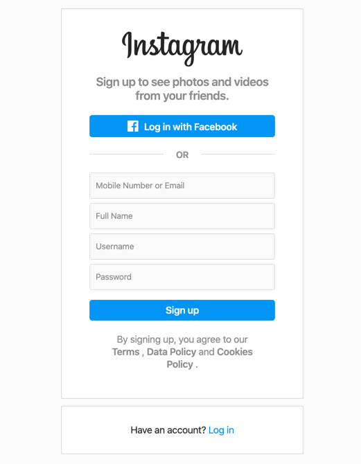 Instagram sign-up screen