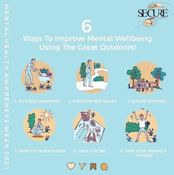 6 way to improve mental wellbeing using the great outdoors. (1) do some gardening. (2) Discover new walks. (3) Nature spotting. (4) Practice mindfulness. (5) Have a picnic. (6) Take your workout outside.