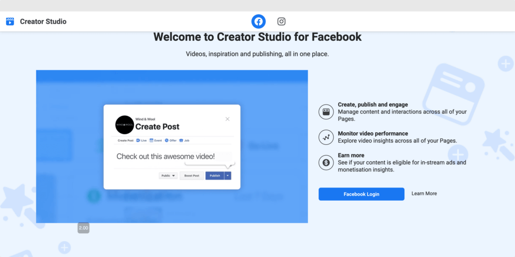 Введите свои учетные данные Facebook и используйте Creator Studio.