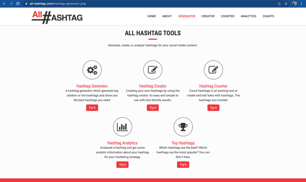 All Hashtag Screenshot All-Hashtag generates relevant hashtags that you can copy and paste into your social media posts. The tool is simple, cost-free, and easy to use.
