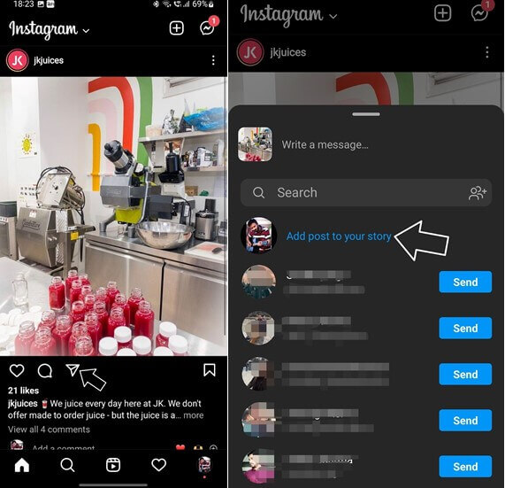 how to add post to instagram story